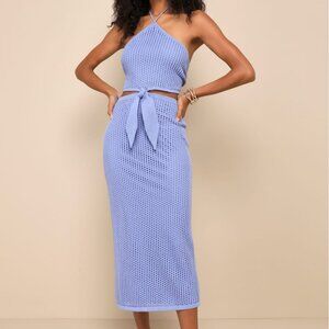 Sunny Serenity Periwinkle Crochet Cutout Halter Midi Dress